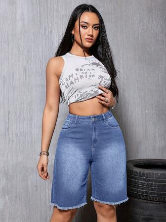 Women's Relaxed Distressed Hem Straight Leg Midi Denim Shorts