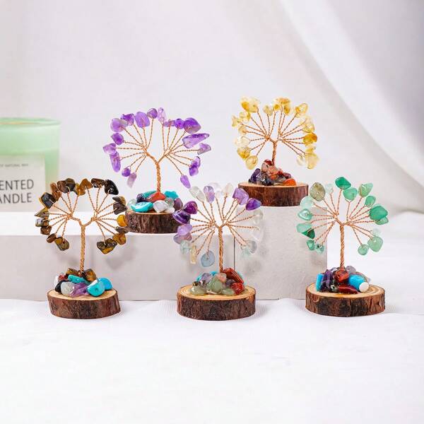 1PC Mini Natural Gemstone Chakra Lucky Tree With Wood Base | Home Office Desk Living Room Crystal Decor