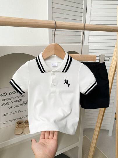 2pcs/Set Baby Boy Summer Casual Fashionable Striped Collar Short Sleeve Top & Versatile Shorts, Suitable For Daily Wear, Sports And School