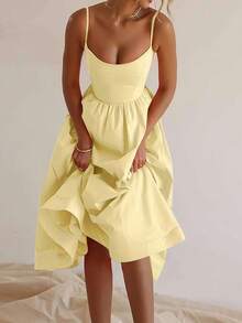 ANCHOSE Vestido de tirantes finos de color amarillo claro elegante para mujer, primavera/verano