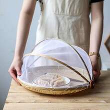 1 件编织食品服务帐篷，托盘水果户外防虫罩竹编织网篮，野餐防尘工具收纳 - 米色 - 查看 3