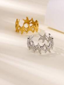 Anel vintage de estrela do mar para mulheres e homens, banhado a ouro 18k, aço inoxidável, anel com estrelas empilhadas, joia exclusiva, adequado para férias, aniversário, festa de verão, casamento