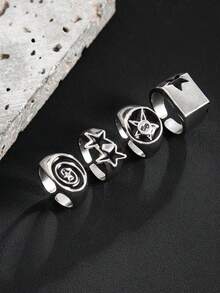 4pcs Punk Style Spiral Star-Shaped Ring Set, Men's Casual Everyday Accessory