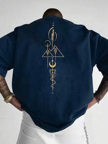 OBM Herren Marineblau Geometrisches Druck Lockerer Sitz-Shirt - Lässiges Kurzarm Rundhals Oberteil mit goldenem abstraktem Design, Ganzjahres Vielseitigkeitsshirt für Freizeitkleidung, Vielseitige Kleidung| Abstraktes Design Hemd| Deutliche goldene Akzente - Weiss - Übersicht 8