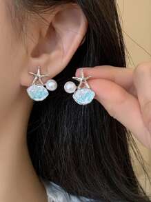 Pendientes con estrella de mar degradada, perlas y gemas, adecuados para uso diario y vacaciones de verano, gran regalo para amigos