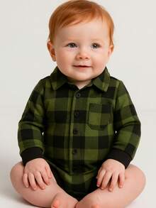 Baby Clothes Bodysuit Flannel Shirt Plaid Long Sleeve Boy June Party Red White/Black Green Blue - xanh quân đội - Xem 2