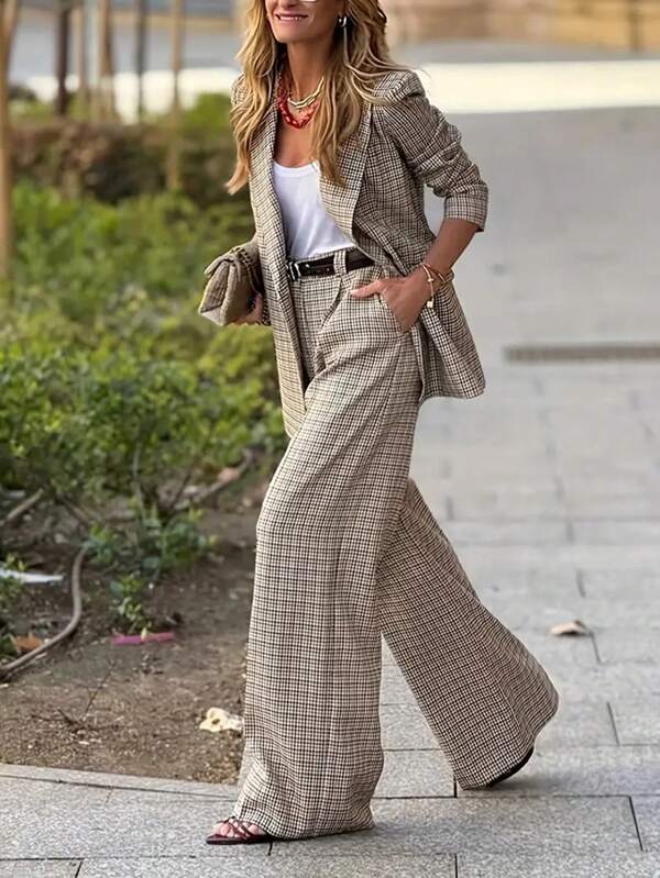 Ensemble veste blazer à carreaux pour femmes, veste taillée et pantalon large, mode de bureau