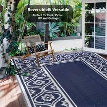 Outdoor Rug Waterproof All-Weather Patio Carpet For Garden, Deck, Poolside & Camping - Heavy Duty 5x8ft UV Resistant Non-Slip Backing Reversible Design Mold/Mildew Proof Easy Clean Indoor/Outdoor Use Machine Washable Fade Resistant Thick Pile Comfortable For Bare Feet Premium Polypropylene Material With Anti-Curl Technology, Perfect For Backyard, Balcony, Porch, RV, Beach House - Navy Blue Geometric Pattern Contemporary Outdoor Floor Mat With Taped Edges, Rug Pad Included (Size Options: 5x8ft, 6x9ft,8x10ft,9x12ft - 小薔薇(深藍白) - 查看 4