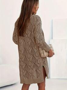Plus Size Women Casual Hollow-Out Long Sleeve Knit Cardigan, Knee-Length Knitwear Tops For Spring/Summer