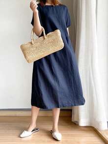 Women's Summer Midi Linen Dress Short Sleeve Round Neck Solid Color Beach Dress With 2 Pockets,Summer Dresses For Women,Holidays Dress - Màu xanh hải quân - Xem 4