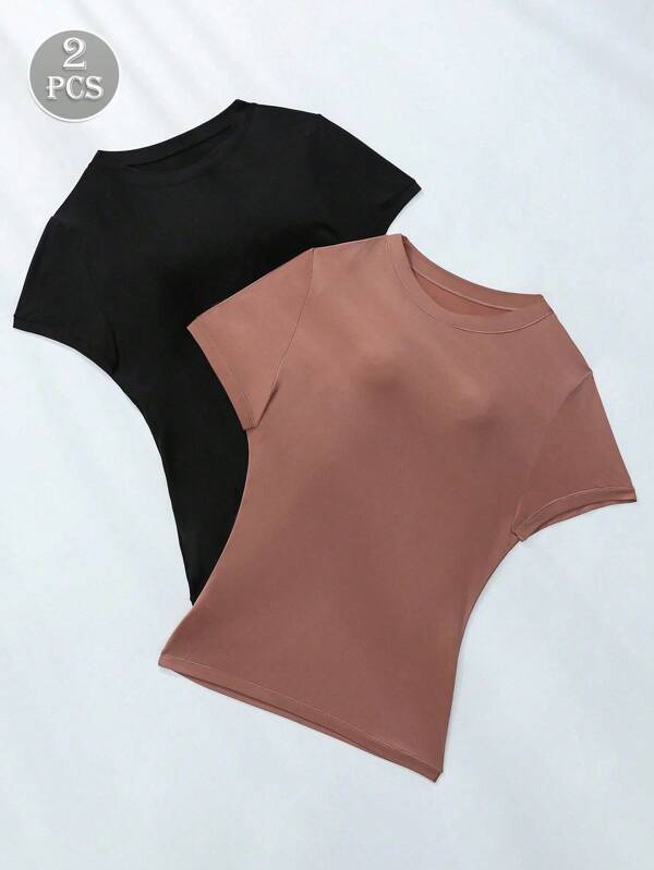 2 Pieces Women Casual T-Shirts, American Vintage Elastic Slim-Fit Short Sleeve Layered Tees, Basic Crew Neck Comfortable & Breathable, Suitable For Daily Wear