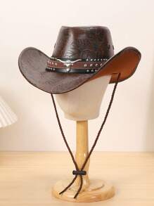 1 Unisex Metal Bull Imitation Diamond Decorated PU Leather Casual Top Hat, Elegant, Suitable For Travel, Parties, Western Cowboy Themed Parties, And Daily Use