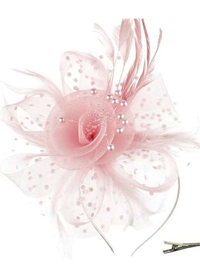 Fascinator Hut mit Blume, Mesh, Bändern und Federn auf einem Stirnband und einer Spange, Teeparty Kopfschmuck für Mädchen und Frauen