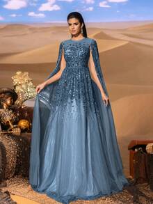 Elisanya Haute Glamour Luxurious Maxi Beaded Sequin Evening Gown With Dramatic Sheer Tulle Sleeves & Corseted Silhouette For Luxury Galas - Dusty Blue - View 5