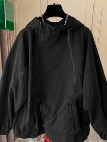 1 件女式纯色梭织面料拉链口袋抽绳双拉链连帽夹克，秋季休闲运动外套 - 黑色 - 查看 3