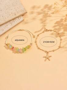 2pcs Set Summer Beach Holiday Style Turquoise Adjustable Anklet With Metallic Starfish Pendant, Fashion Beaded Jewelry For Women Daily Wear And Travel, Colorful Turquoise Shapes/Sizes Are Random