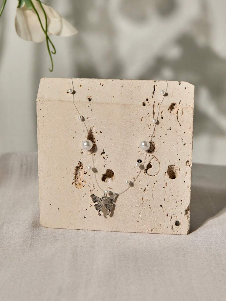 Faux Pearl Decor Butterfly Pendant Necklace Christmas Winter Christmas Gifts