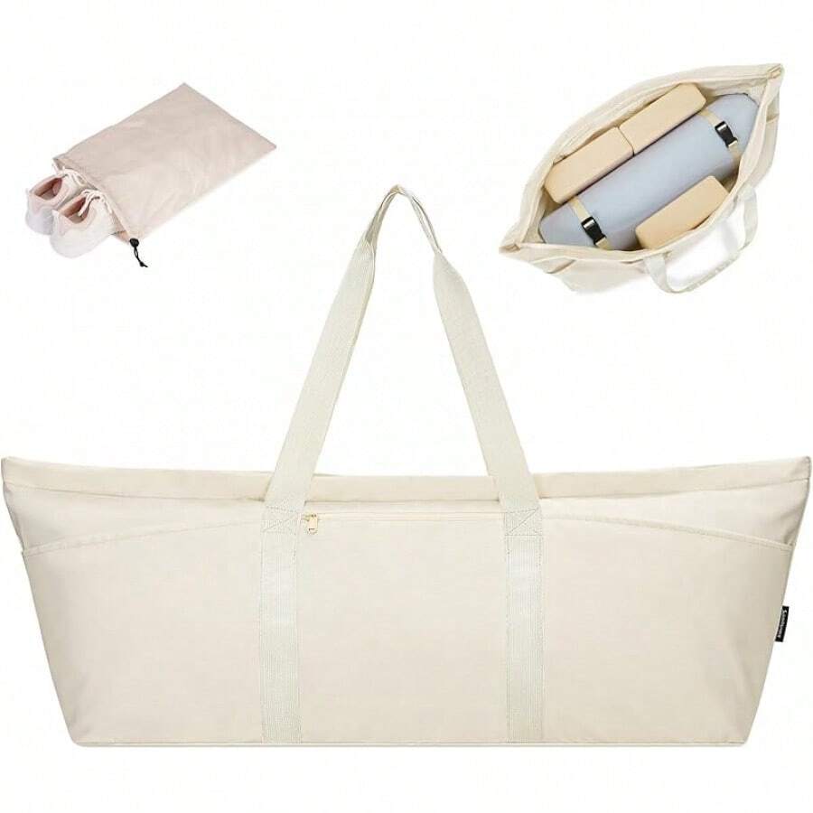 Bolsa para tapete de yoga con compartimento para zapatos y bolsillo húmedo, bolsa de gimnasio para pilates para mujeres y hombres con correa para sujetar el tapete de yoga, accesorios para entrenamiento - Beis - Ver 1