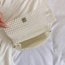 女士白色串珠手提包，时尚编织珍珠托特包，别致单肩包，春夏时尚 - 白色 - 查看 7