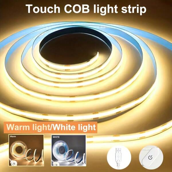 1M/2M/3M/4M/5M Tira de Luz Regulável Touch COB USB, Iluminação Complementar de 5V 8MM Branca e de Tom Quente, Adequada para Iluminação Ambiente, Iluminação Traseira de TV