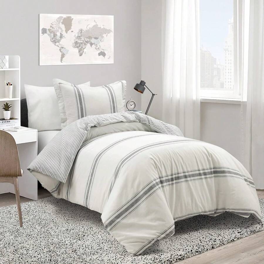 Farmhouse Stripe Reversible Cotton Duvet Cover Set, 2 Piece Set, Twin XL, Navy - Twin Bedding Set - Dorm Decor - Striped Duvet Cover For Kids Or Teens - Farmhouse Bedroom Decor - Gray - 查看 1