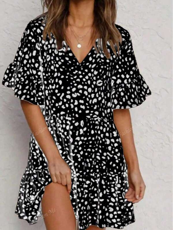Women's Polka Dot Print Half Sleeve V-Neck Casual Elegant Dress
