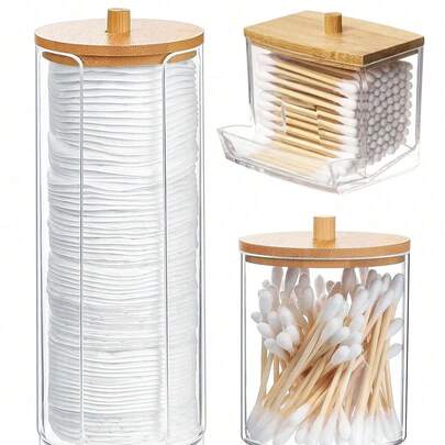 3 件透明卸妆圆形软垫容器，分配器清洁棉签盒带竹盖化妆，圆形垫，化妆品收纳盒浴室配件返校