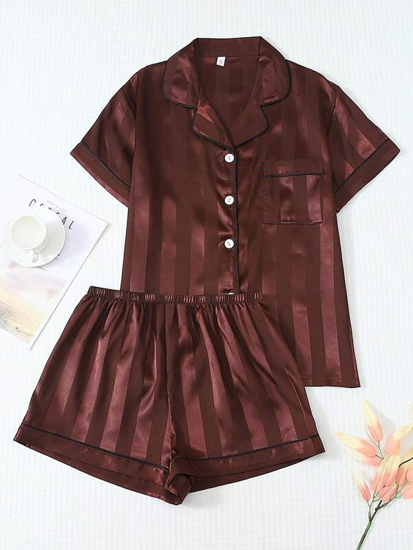 Set de pijamale din satin cu dungi, 2 buc., cămașă cu mânecă lungă și nasturi și pantaloni lungi cu fundă, costum de pijamale pentru casă, toamnă/iarnă