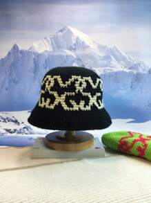 1pc Unisex Black Hand-Knitted Jacquard Warm Beanie Hat, Personalized Bucket Hat, Fresh Korean Style, Couple Versatile Bucket Hat For Autumn/Winter