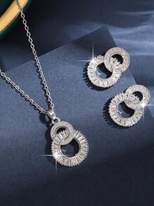1 Conjunto/3 Peças Elegante Conjunto de Joias Geométricas Brancas Redondas com Pingente de Número Cúbico de Zircônia, Brincos e Colar para Mulheres, Presente de Noivado, Casamento e Festa