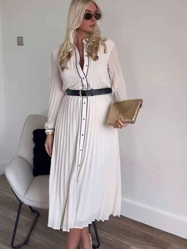 Vestido longo elegante de chiffon branco com mangas compridas - estilo abaya islâmico simples com um único botão e cinto na cintura, adequado para vestido de noite feminino com hijab respirável