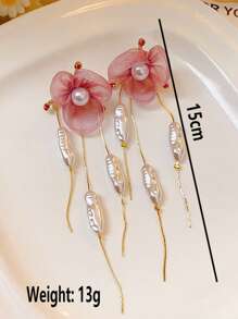 1 par de pendientes elegantes con flor, borla y perla, diseño único de estilo de alta gama para mujer