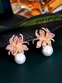 1 par de aretes de lujo con flores y perlas, joyería nupcial chapada en oro amarillo con CZ rosa roja para mujeres, accesorio para bodas, compromisos, banquetes y fiestas para novias, damitas de honor y madres
