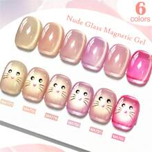 MEET ACROSS 6 pezzi Smalto gel per unghie in vetro nudo da 7ml, con magnetismo, luccicante, colore rosa nudo cristallino, semi-permanente, da soak off per manicure UV LED