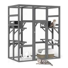 70Inches Large Spacious Wooden Catio Outdoor Cat Enclosure With Perches And Condos, Cat Cage Indoor With Waterproof Roof, 7 Platforms & 2 Resting Box, UV Resistant (Grey/Orange/Gothic) - Grey - View 2
