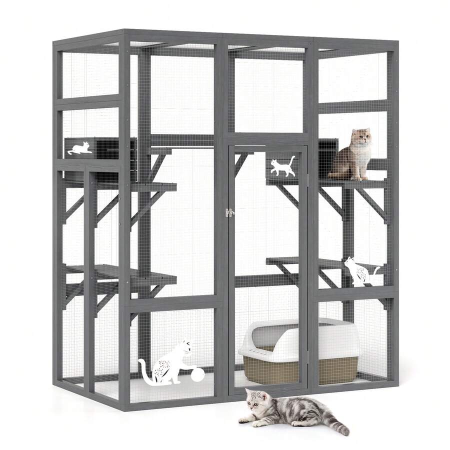 70Inches Large Spacious Wooden Catio Outdoor Cat Enclosure With Perches And Condos, Cat Cage Indoor With Waterproof Roof, 7 Platforms & 2 Resting Box, UV Resistant (Grey/Orange/Gothic)