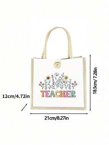 1 件最佳教师字母和花朵印花亚麻手提袋，可重复使用的印花女士手提袋，双手柄购物书包，大容量单肩包，休闲手提袋，圣诞节储物袋，适合通勤、上学和购物，方便户外使用，送给朋友和闺蜜的礼物，教师礼物，度假和节日的完美选择，最佳教师圣诞节、感恩节礼物 - 白色 - 查看 4