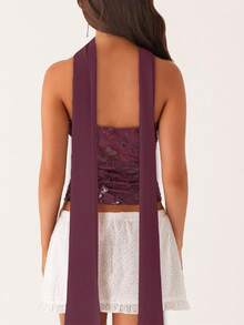 Women Y2K Sequin Tube Top With Neck Scarf Sparkly Floral Bandeau Cami Pearl Embellished Glitter Rhinestone Going Out Shirt - 中紫紅色 - 查看 2