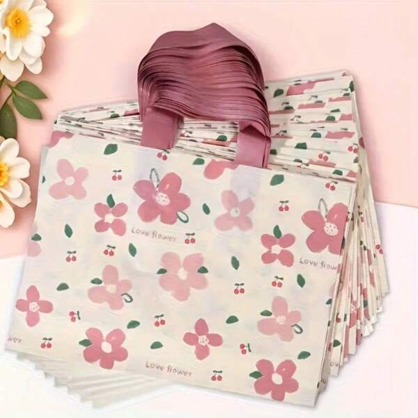 5Pcs High-End Gift Bags, Pink Plastic Tote Bags With Floral Design, Versatile Shopping And Party Favor Bags For Weddings, Birthdays, And More - Durable Plastic Craft Bags For Small Businesses And Events
