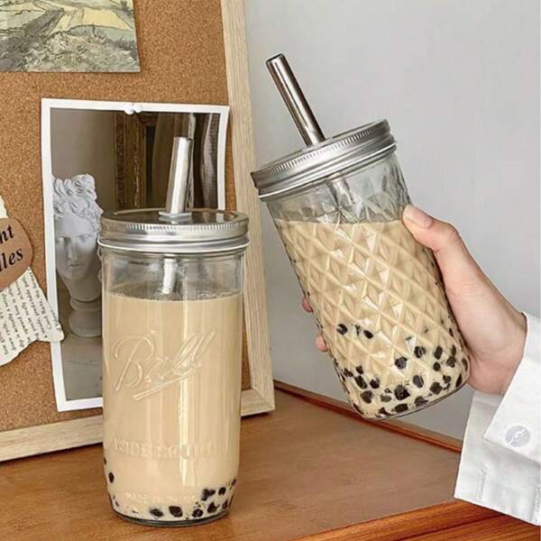 1pc Large Capacity Glass Boba Tea Cup With Lid And Stainless Steel Wide Straw,Suitable For Students To Drink Cold Beverages, Juices, Refreshing And Portable, Perfect Summer Drink Cup!