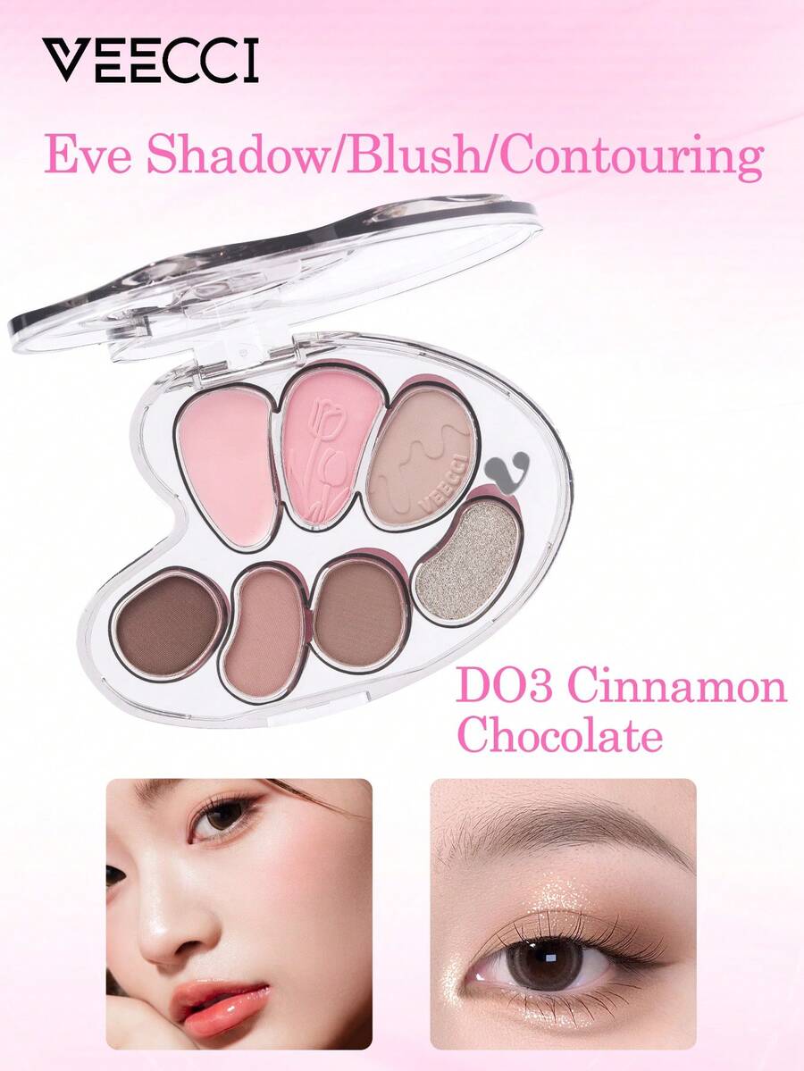 VEECCI Palet eyeshadow 7 warna yang cantik dan menawan, tahan lama dan anti luntur, berkilauan seperti mutiara, eyeshadow multiwarna, nuansa alami, cocok untuk pelajar, harga terjangkau, ideal untuk Halloween dan acara malam hari. - DO3 Kayu Manis Cokelat - View 1