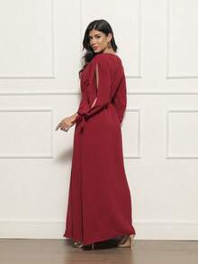 FASHION MIX PREMIUM Elegant Long Dress With Slit Long Sleeves With Tie With V-Neckline And Waist Adjustment Plus Size Women's Fits 38 To 44 - Gỗ đỏ - Xem 2
