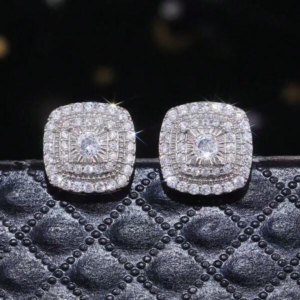 2pcs Vintage Square Zirconia Inlaid Sparkling Hip-Hop Style Stud Earrings, Fashionable & Elegant Jewelry Earrings For Women, Stylish Daily Wear Earrings For Men, Gift For Girlfriend