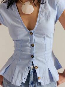 Women Y2k Button Shirt Tie Lace Patchwork Cap Sleeve Ruffle Blouse Top Fairy Going Out Top Beachwear - 藍色 - 查看 1