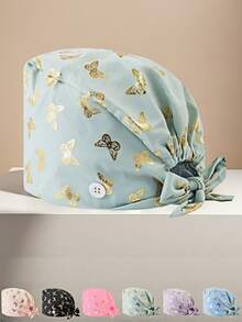 1 件女士涤纶箔蝴蝶印花工作帽/护士帽，抗菌防尘，可调节弹性后带，吸汗带衬里，口罩绳钩，适合医生、护士、美容师、兽医和清洁/家政服务