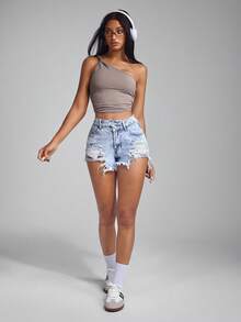 Jeanoix 斜口袋休闲破洞下摆牛仔短裤 - 淺色水洗藍 - 查看 5