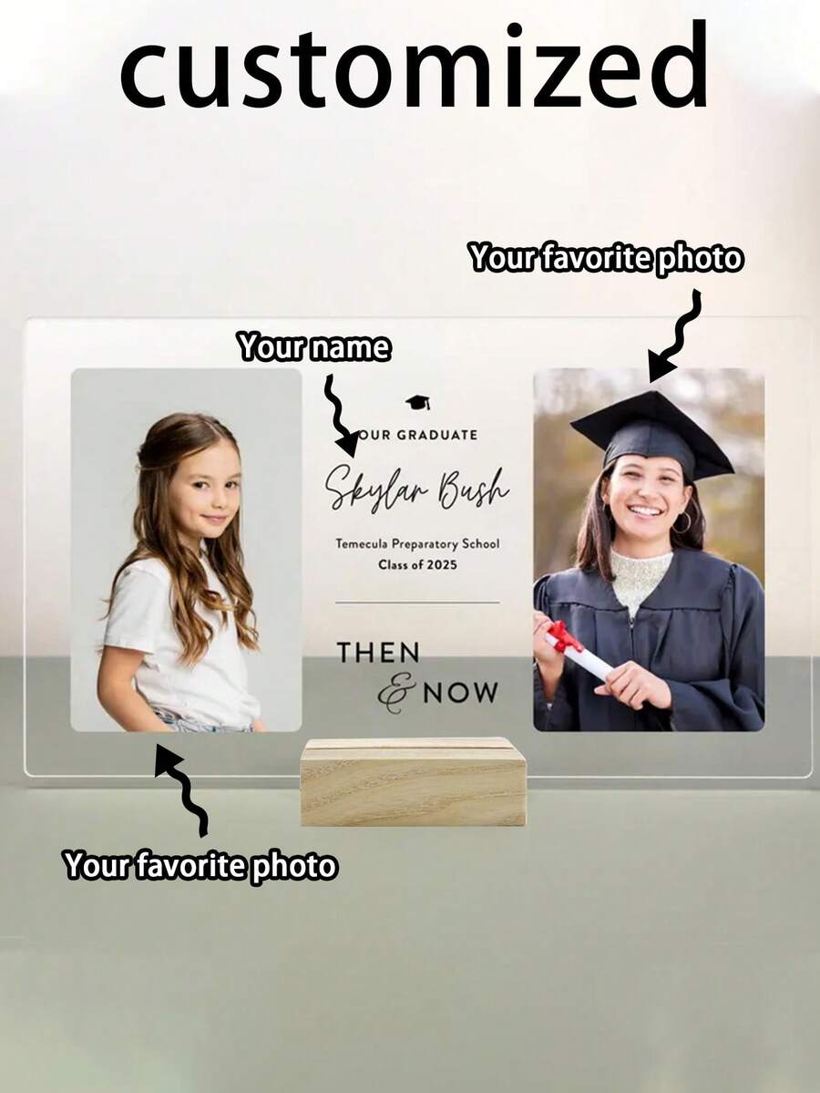 Personalized Graduation Photo Customization, Graduation Photo Comparison Photo Commemoration, Graduation Theme, Perfect Bedroom Display Rack, Graduation Commemoration, Leaving The Most Beautiful Graduation Memories, Wooden Base - Multicolor - View 1