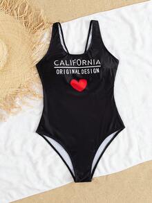 HOT SWIM Heart Letter Slogan Fixed Prints Beautiful Back One-Pieces Swimsuit Summer - Black - View 5