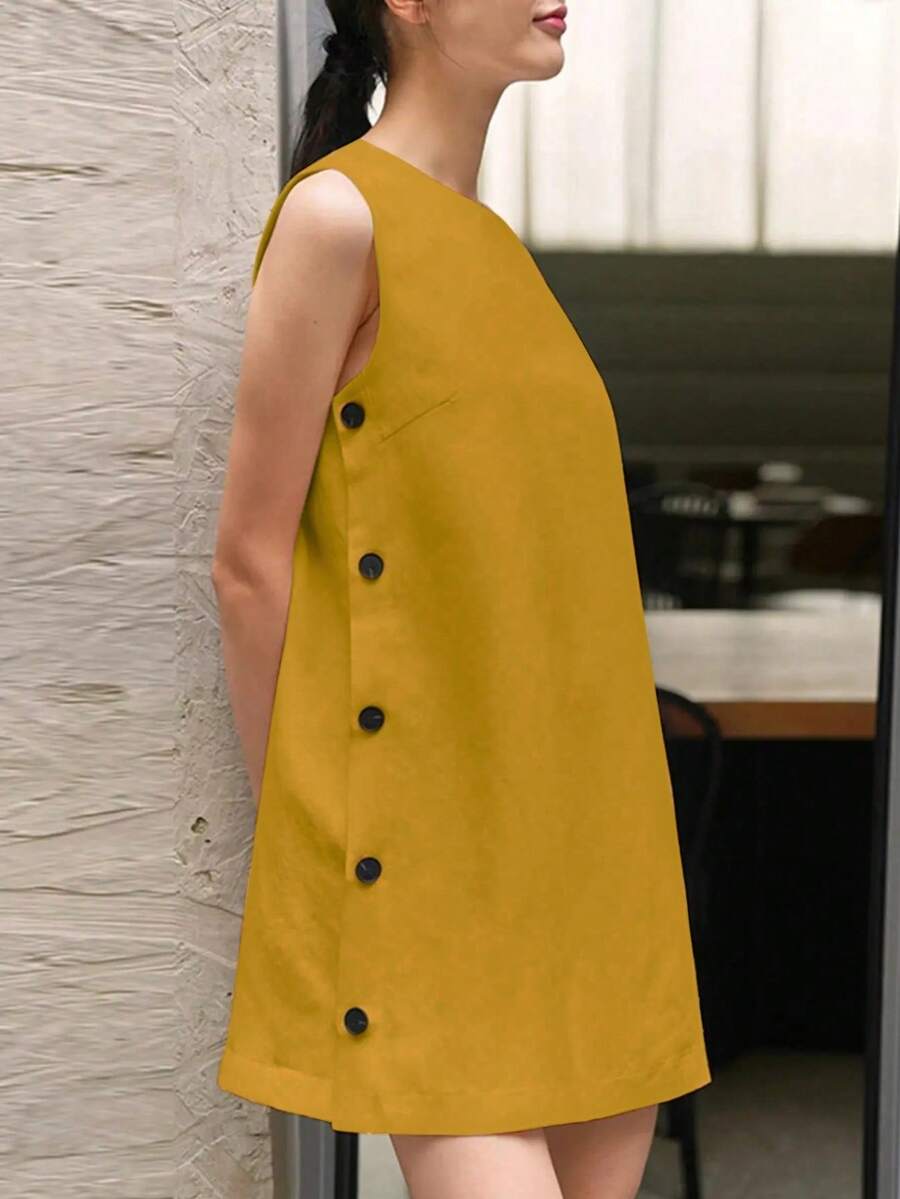 Women's Solid Color Side Single-Breasted Casual Sleeveless Short Dress - Yellow - View 1
