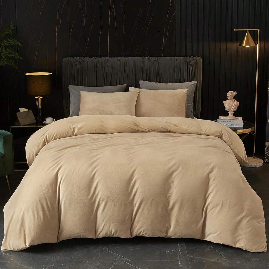 DIvellow Velvet Duvet Cover Queen Set Sage Green Comforter Cover 3Pcs Ultra Soft Cover Breathable Solid Luxury Flannel Velour Duvet Cover Zipper Closure Corner Tie - 卡其色 - 查看 1